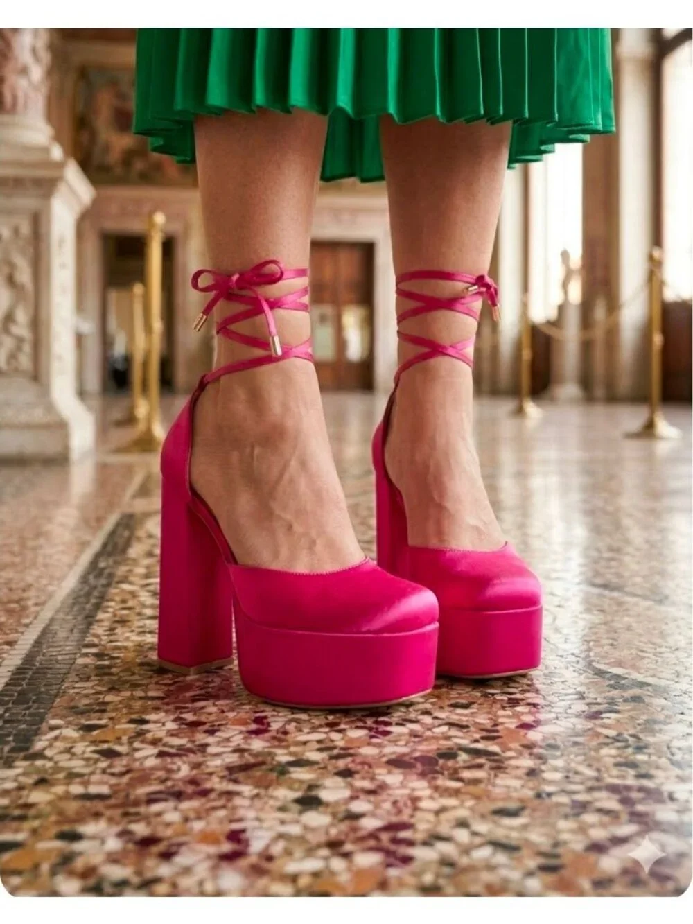 Hot Pink Block Heel Satin Platform Pumps With Ankle Straps - Womens Shoes